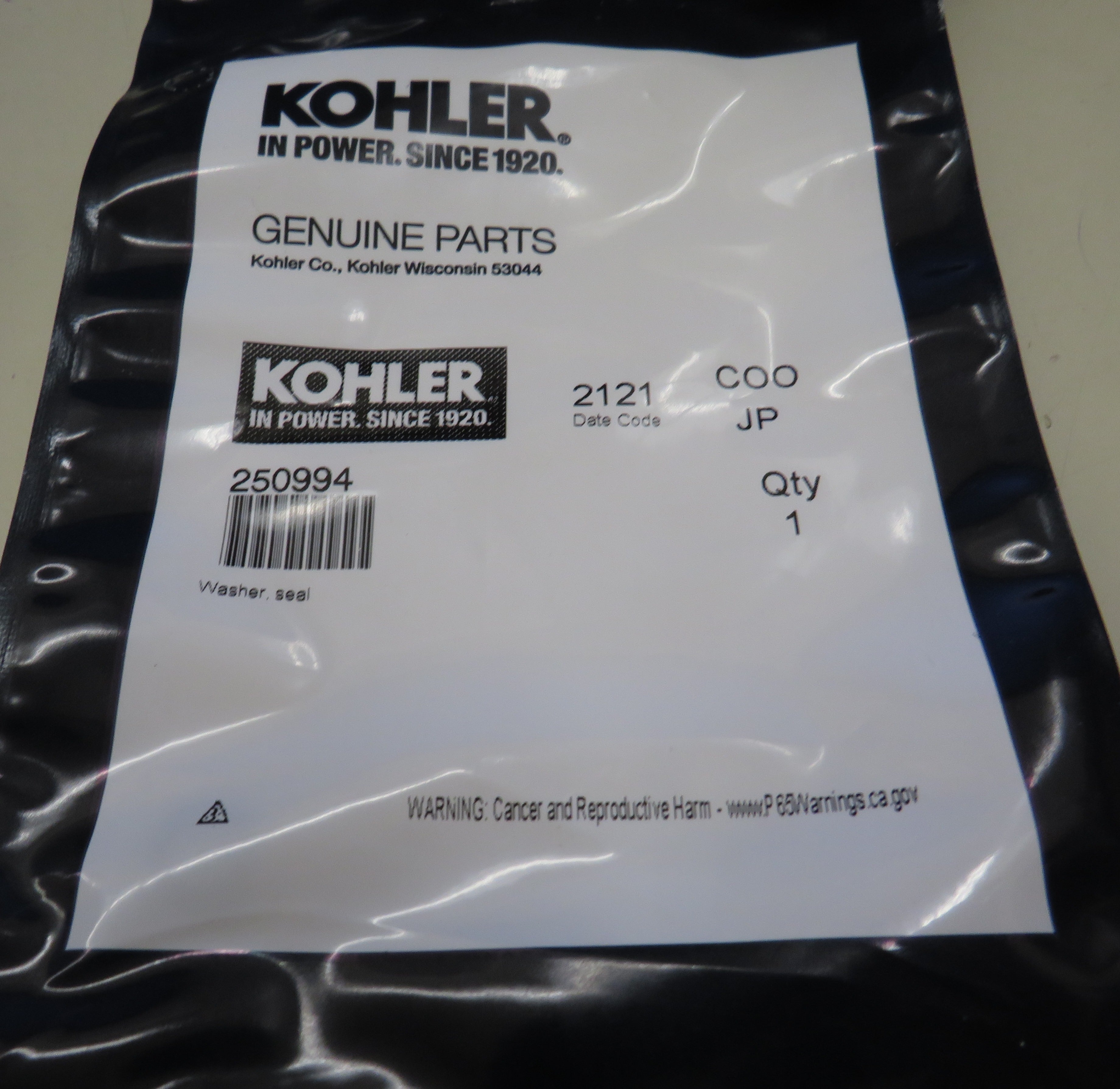 250994 Kohler Rubber Washer Seal 11/7/2025 THIS PART IS IN STOCK 11/7/2025