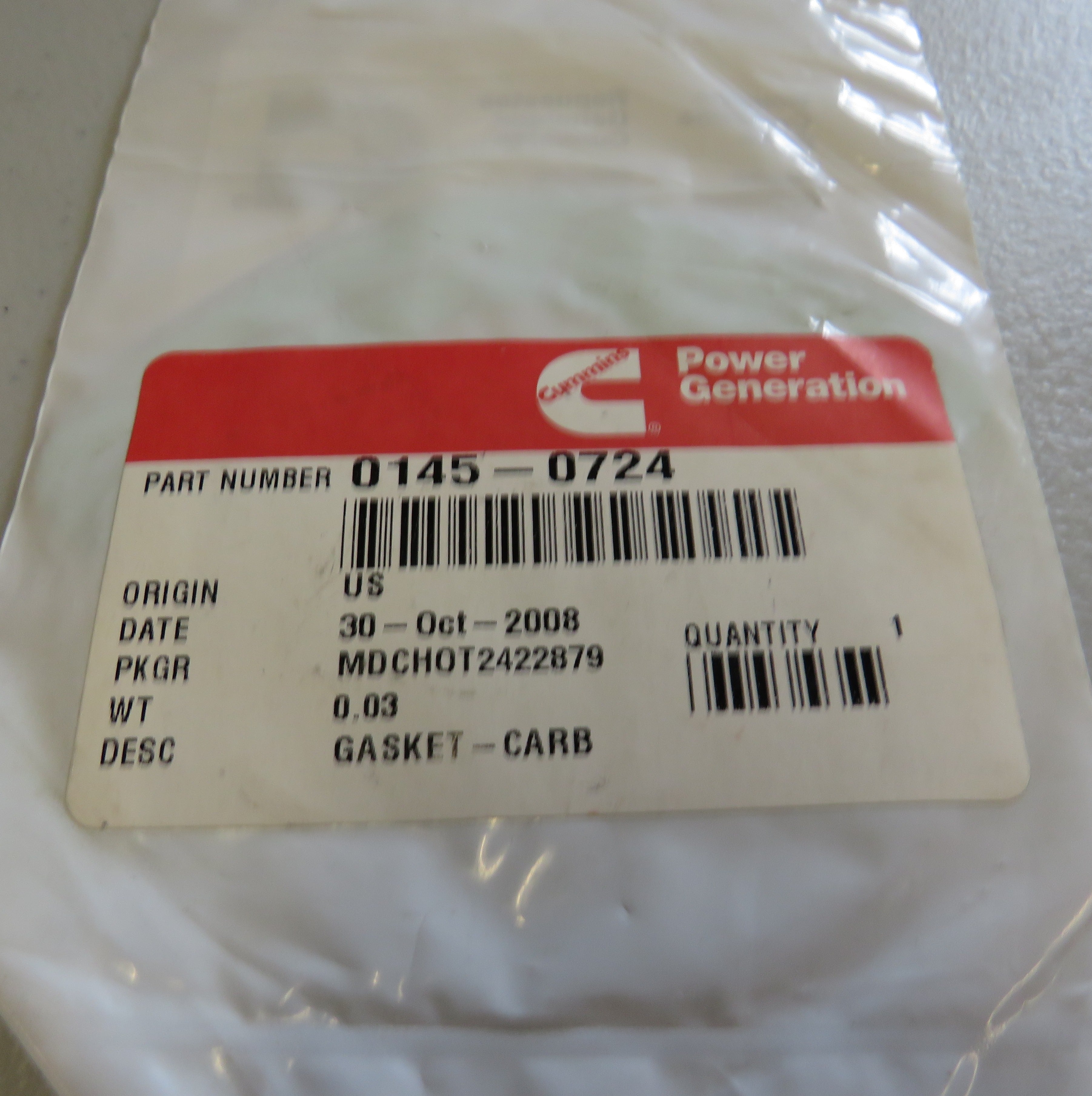 145-0724 Cummins Onan Carburetor Gasket 1/29/2026 THIS PART IS IN STOCK 1/29/2026