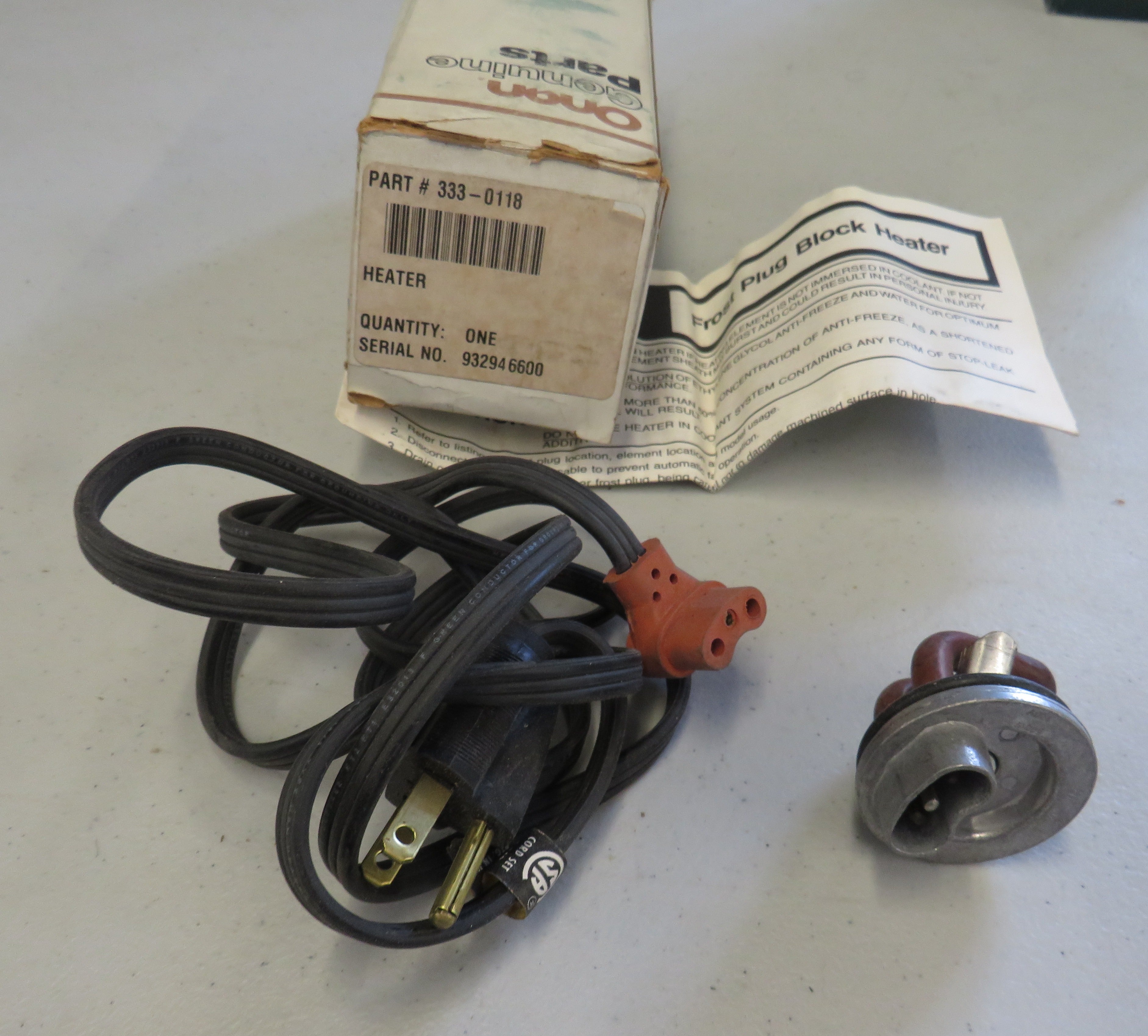 333-0118 Onan 333-0118 Heater Frost Plug Block Heater For EK and EM Series Generators 2/24/2026 THIS PART IS IN STOCK 2/24/2026