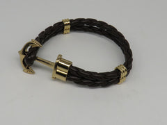Unisex Leather Handmade Braided Cuff Anchor Bangle Bracelet Wristband Dark Coffee-Gold