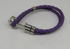 Unisex Leather Handmade Braided Cuff Anchor Bangle Bracelet Wristband Purple-Silver