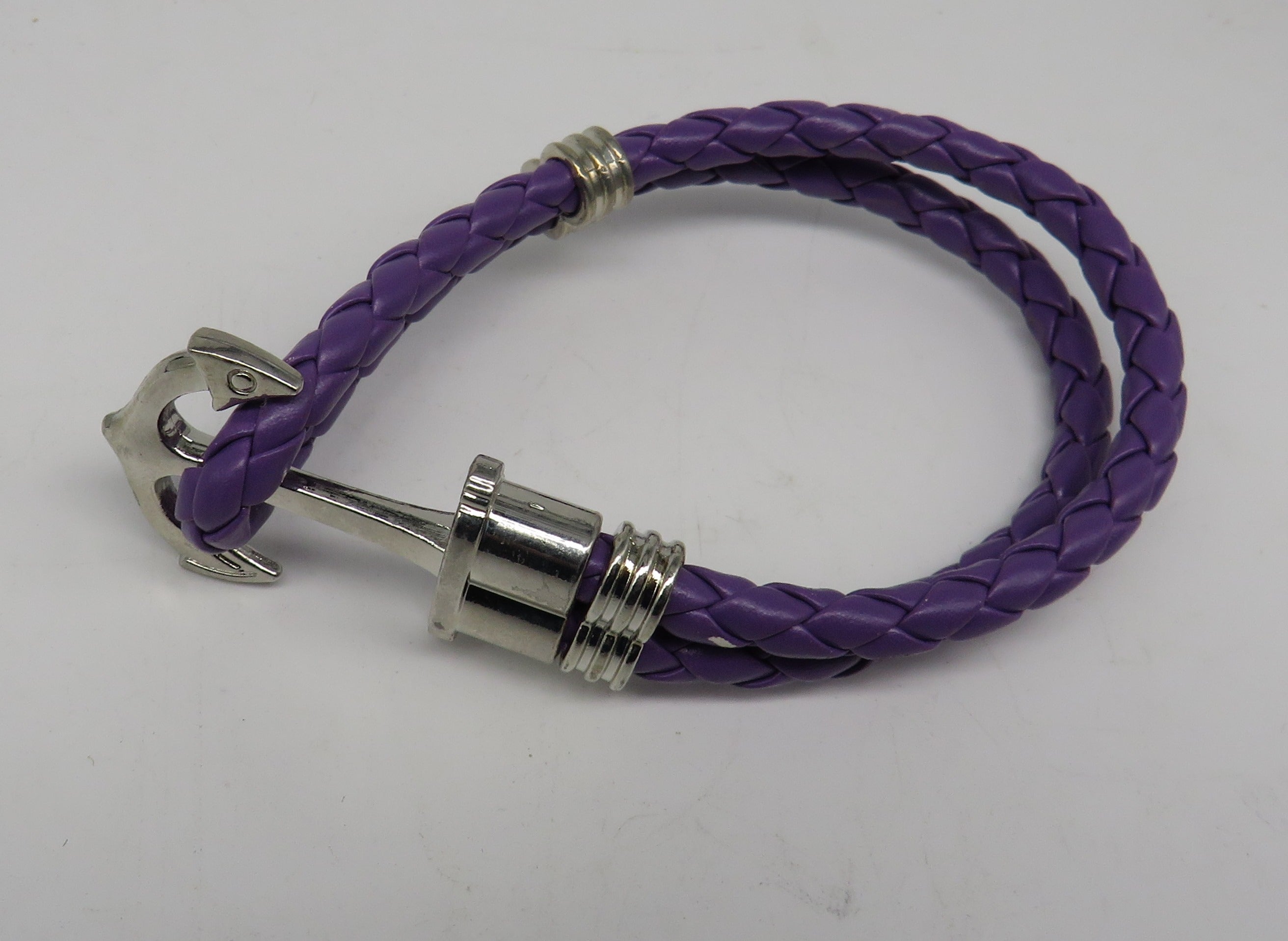 Unisex Leather Handmade Braided Cuff Anchor Bangle Bracelet Wristband Purple-Silver