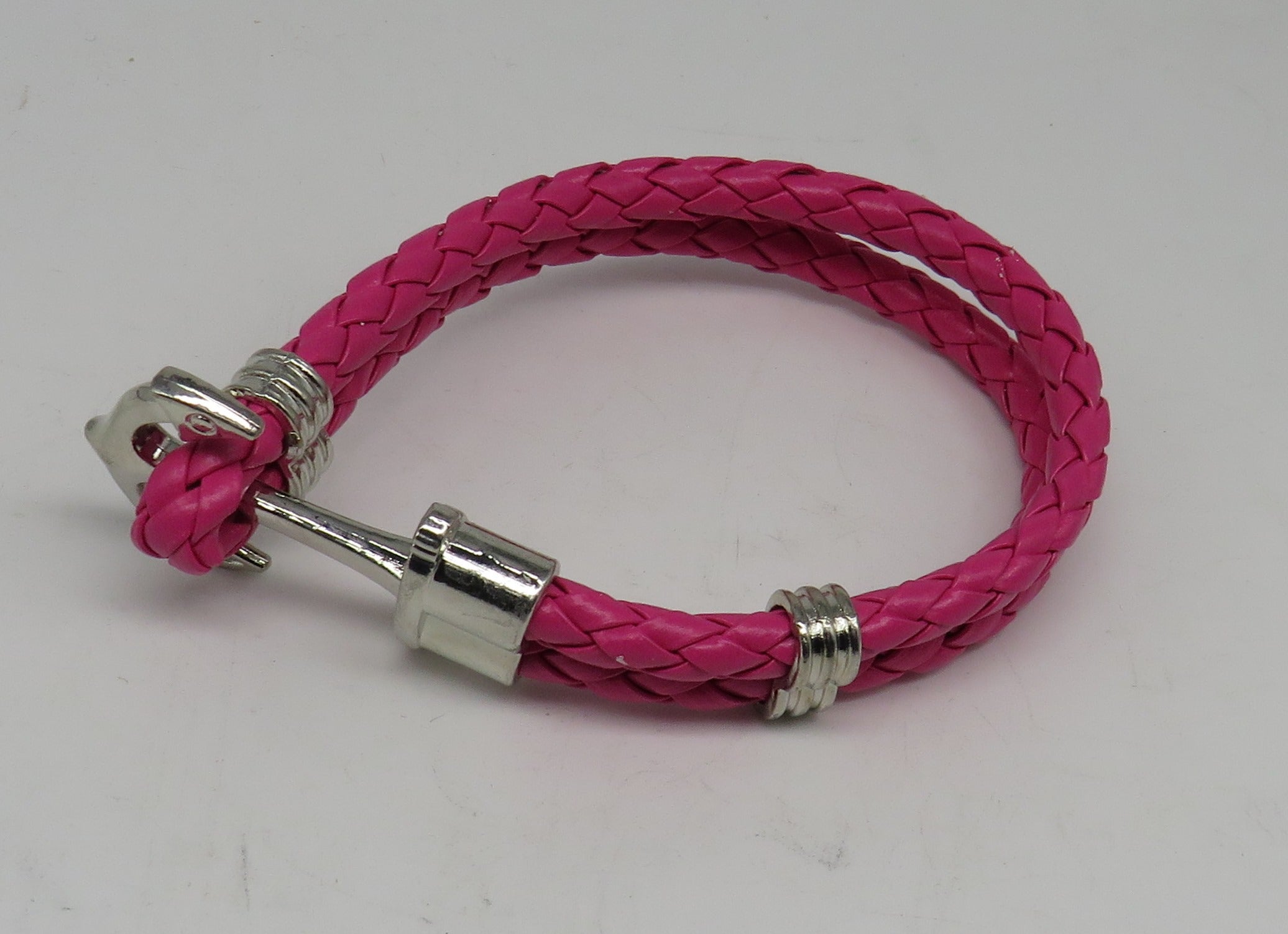 Unisex Leather Handmade Braided Cuff Anchor Bangle Bracelet Wristband Rose Red-Silver