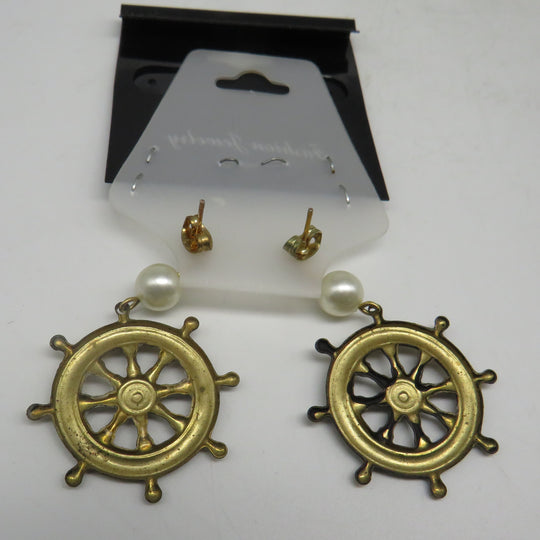 Antique Bronze Ships Wheel And Pearl Dangle Post Earrings