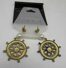 Antique Bronze Ships Wheel And Pearl Dangle Post Earrings