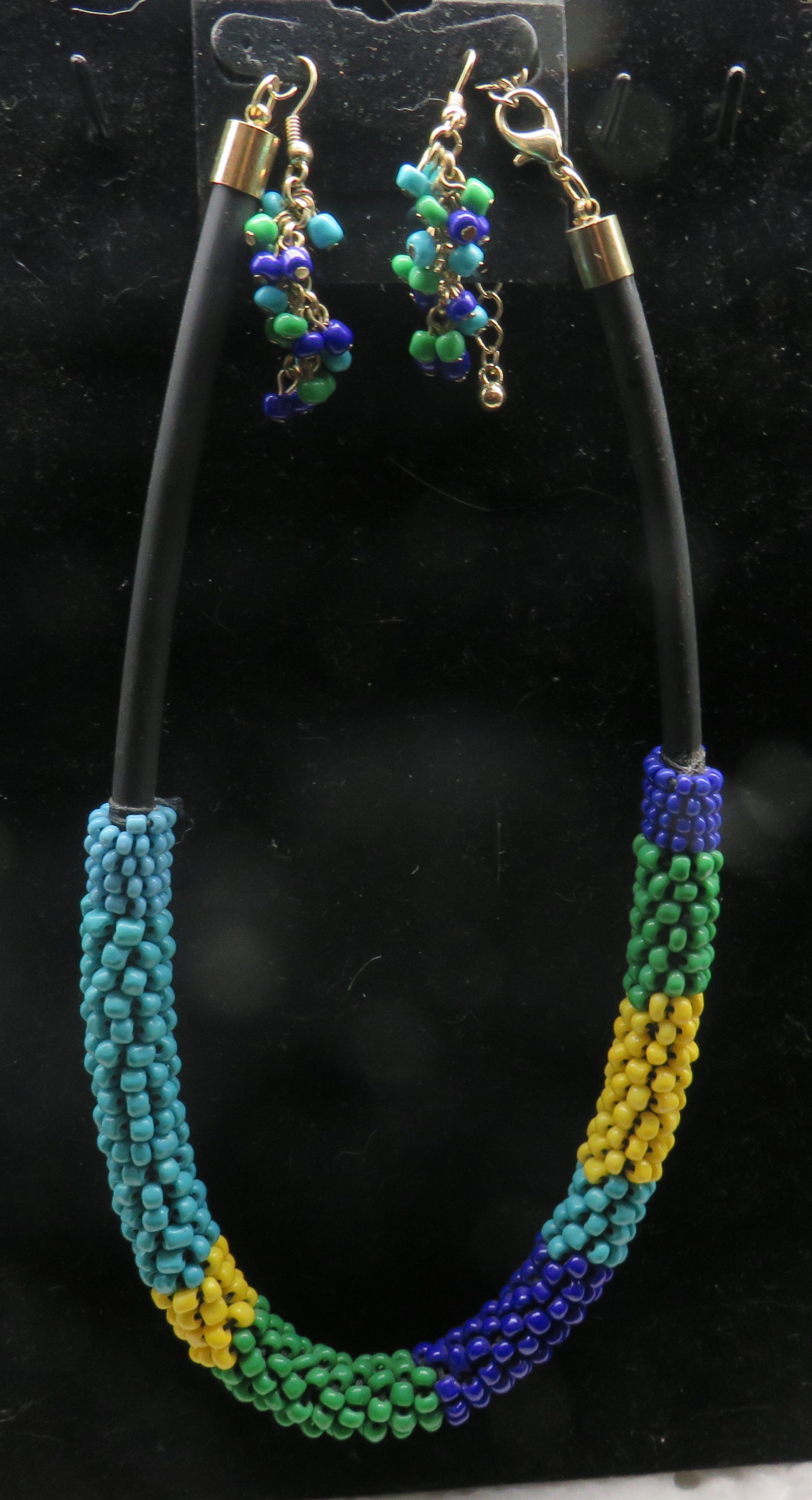Beaded Multicolor Blues, Green & Yellow Matching Necklace & Earrings [BB454321] Set