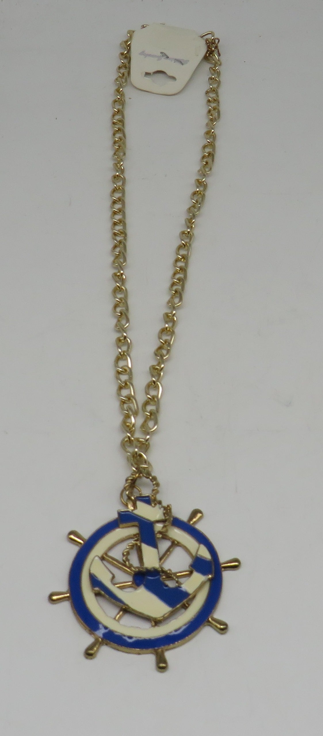 Navy Blue & White Anchor & Ships Wheel Charm Necklace (Gold Plated)
