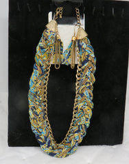 Gold Braided Blue Fabric Fashion Matching Necklace & Earring [SO6225] Set