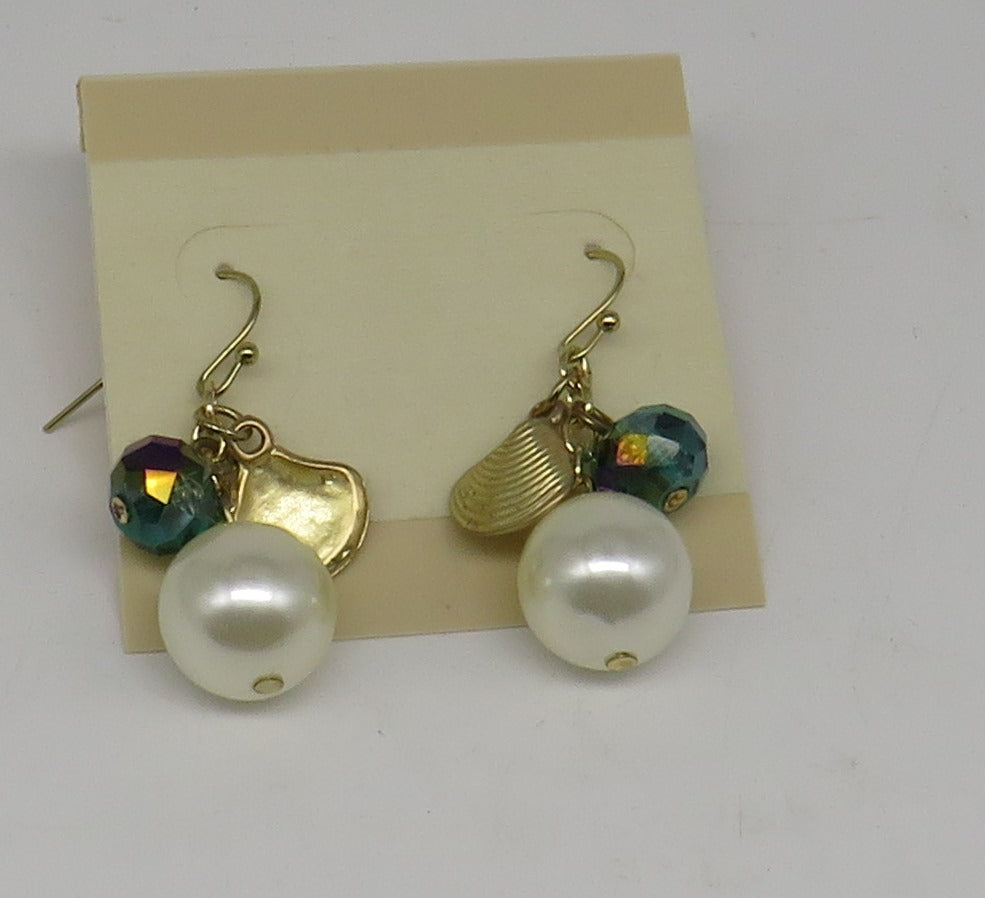 Gold Shell, Pearl and Bead Dangle Post Earrings