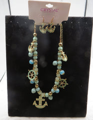 Nautical Gold Green Blue & White Anchor & Ships Wheel Beaded Necklace & Earring Set