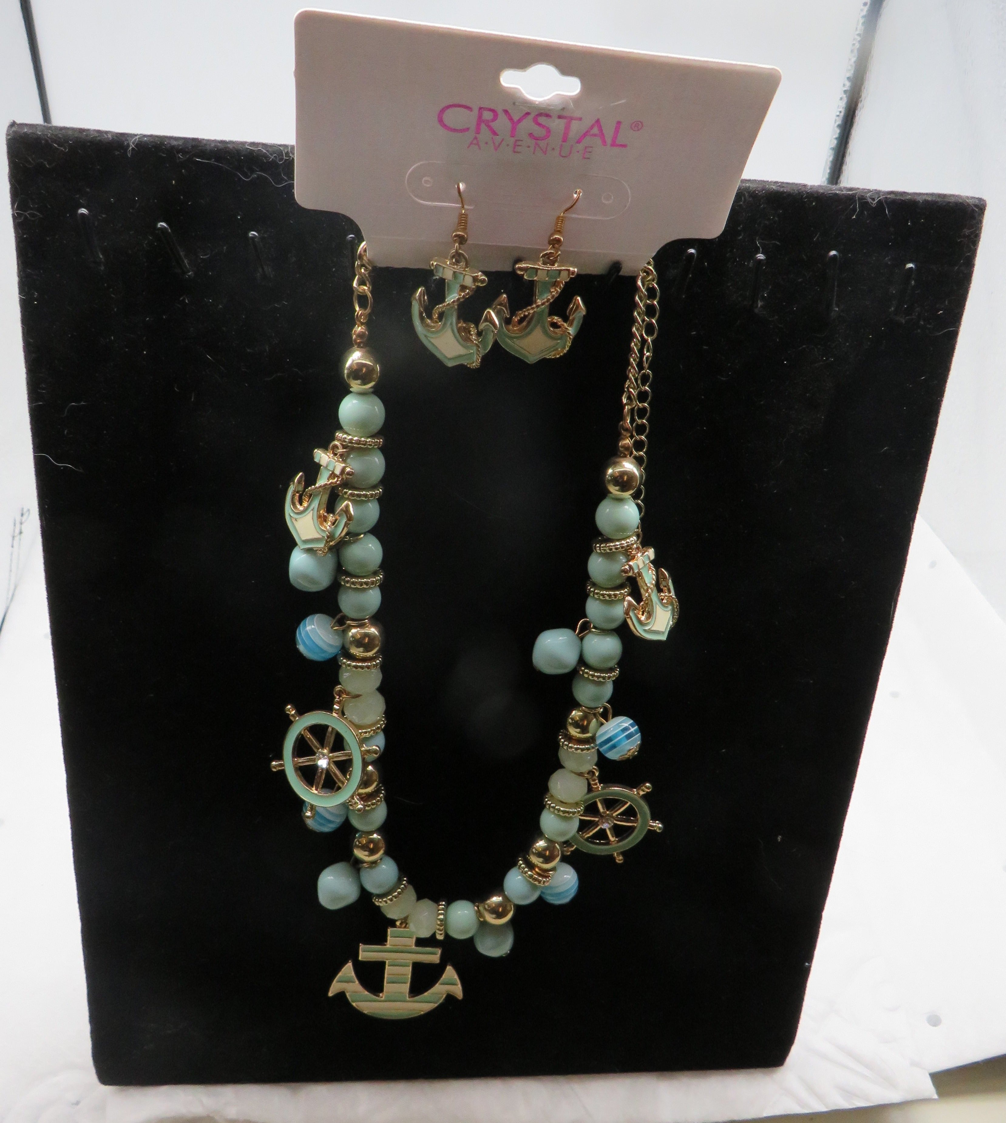 Nautical Gold Green Blue & White Anchor & Ships Wheel Beaded Necklace & Earring Set