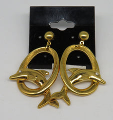 Gold Dolphins Jumping Hoops Dangle Earrings