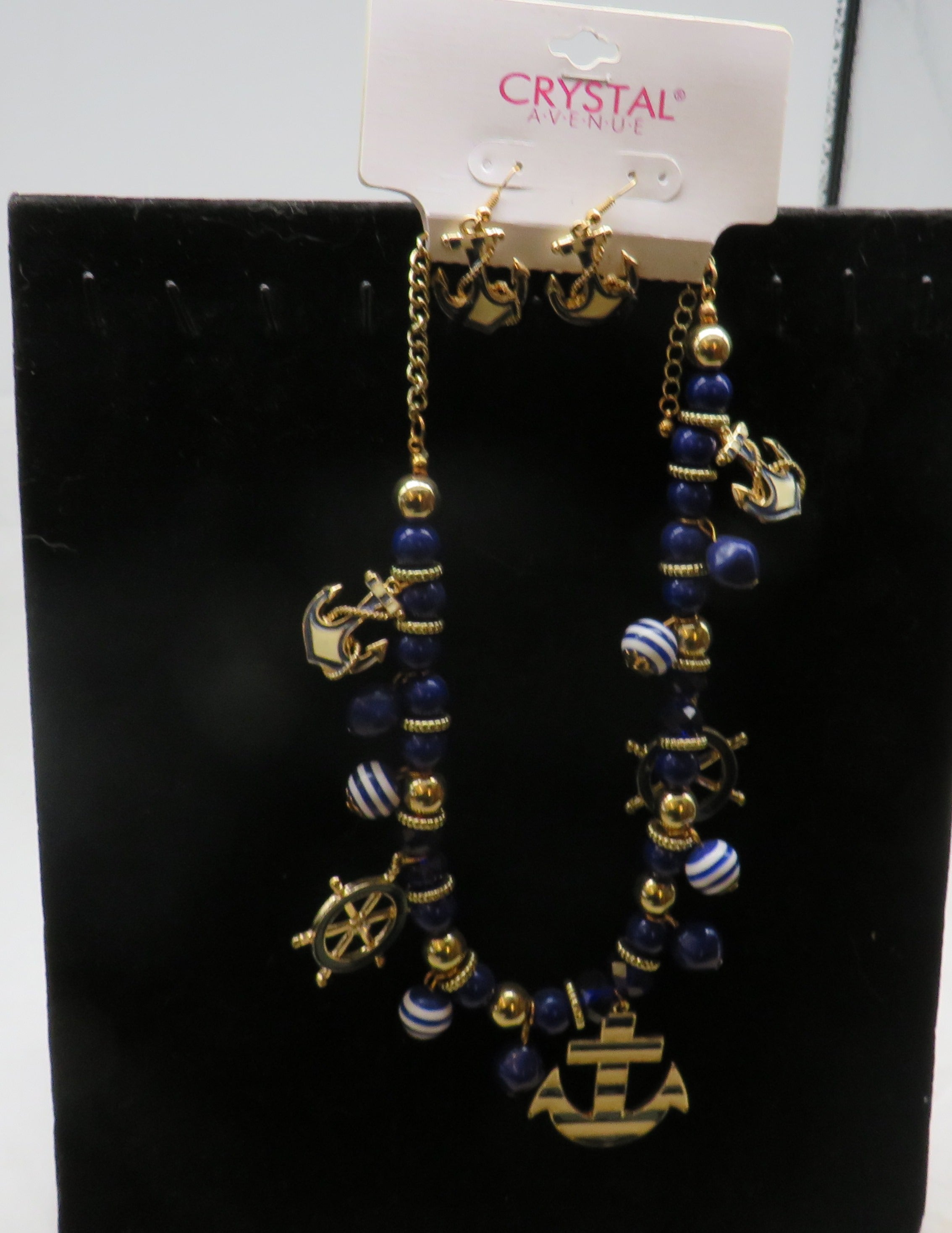 Nautical Gold Navy Blue & White Anchor & Ships Wheel Beaded Necklace & Earring Set