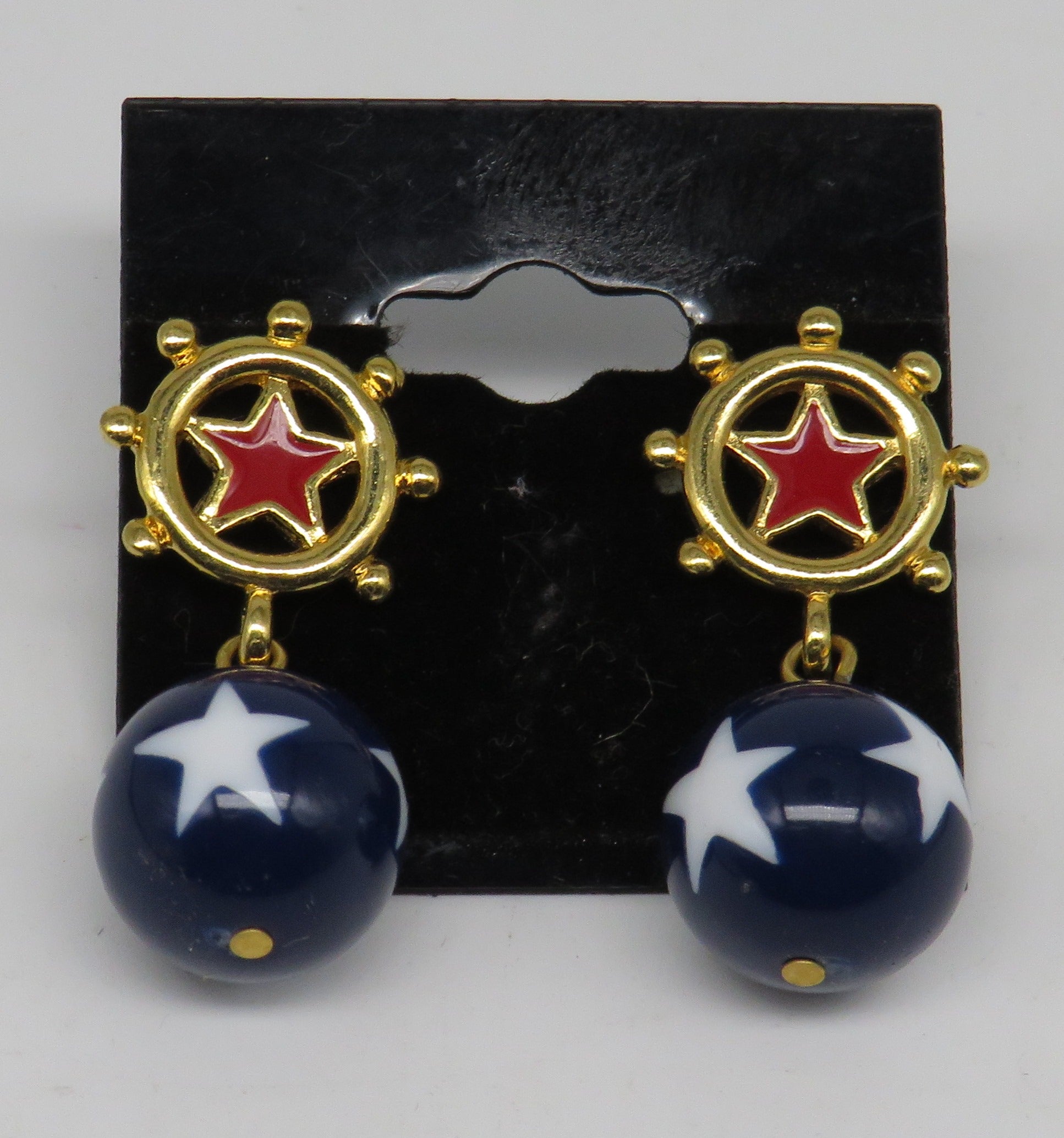 Gold, Red, White & Blue Ships Wheel Dangle Earrings