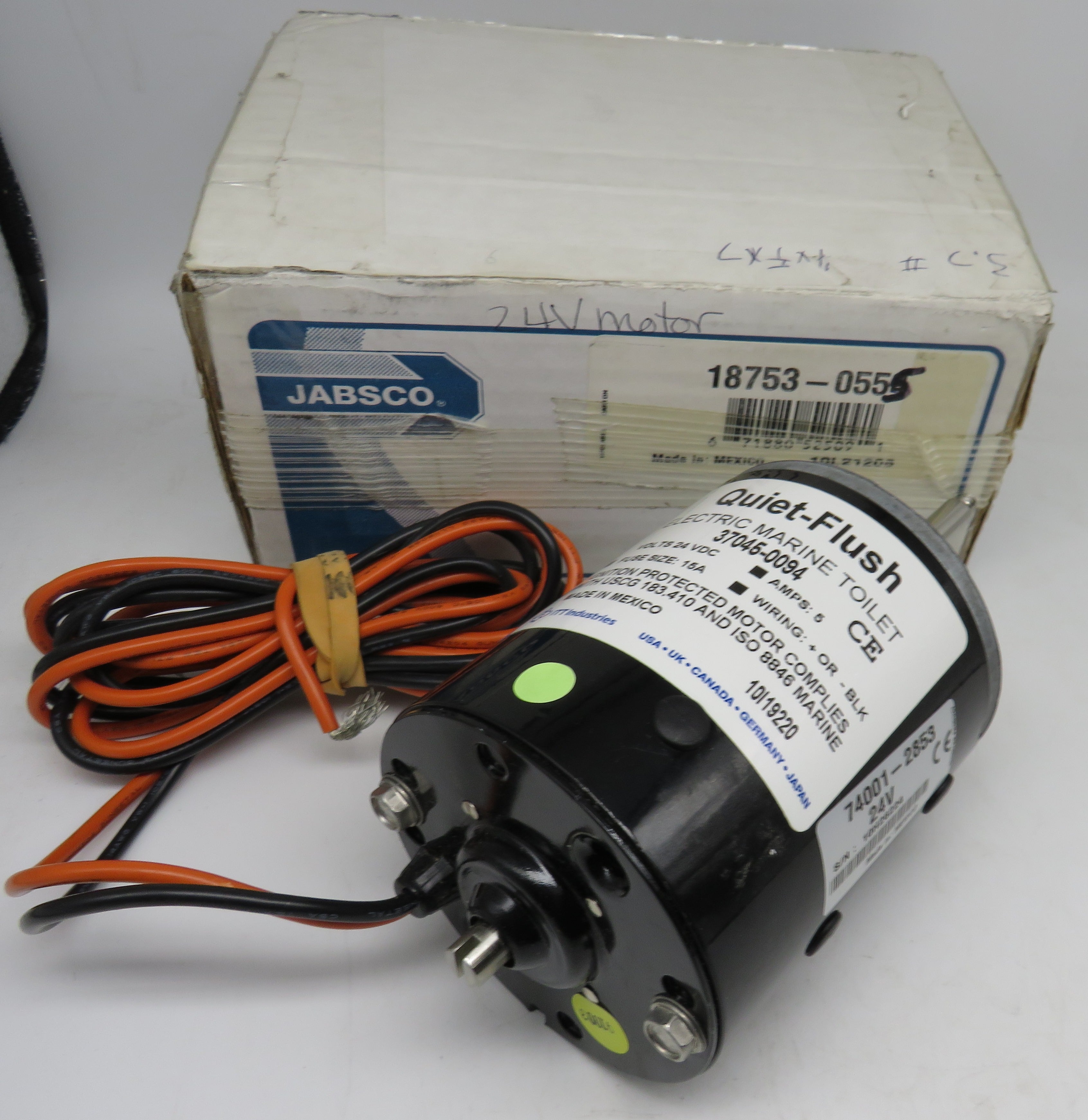18753-0555 Jabsco Par Quiet Flush Replacement Motor 24V Only Goes to 37045 & 37245 Series Head 2/26/2025 THIS PART IS IN STOCK 2/26/2025