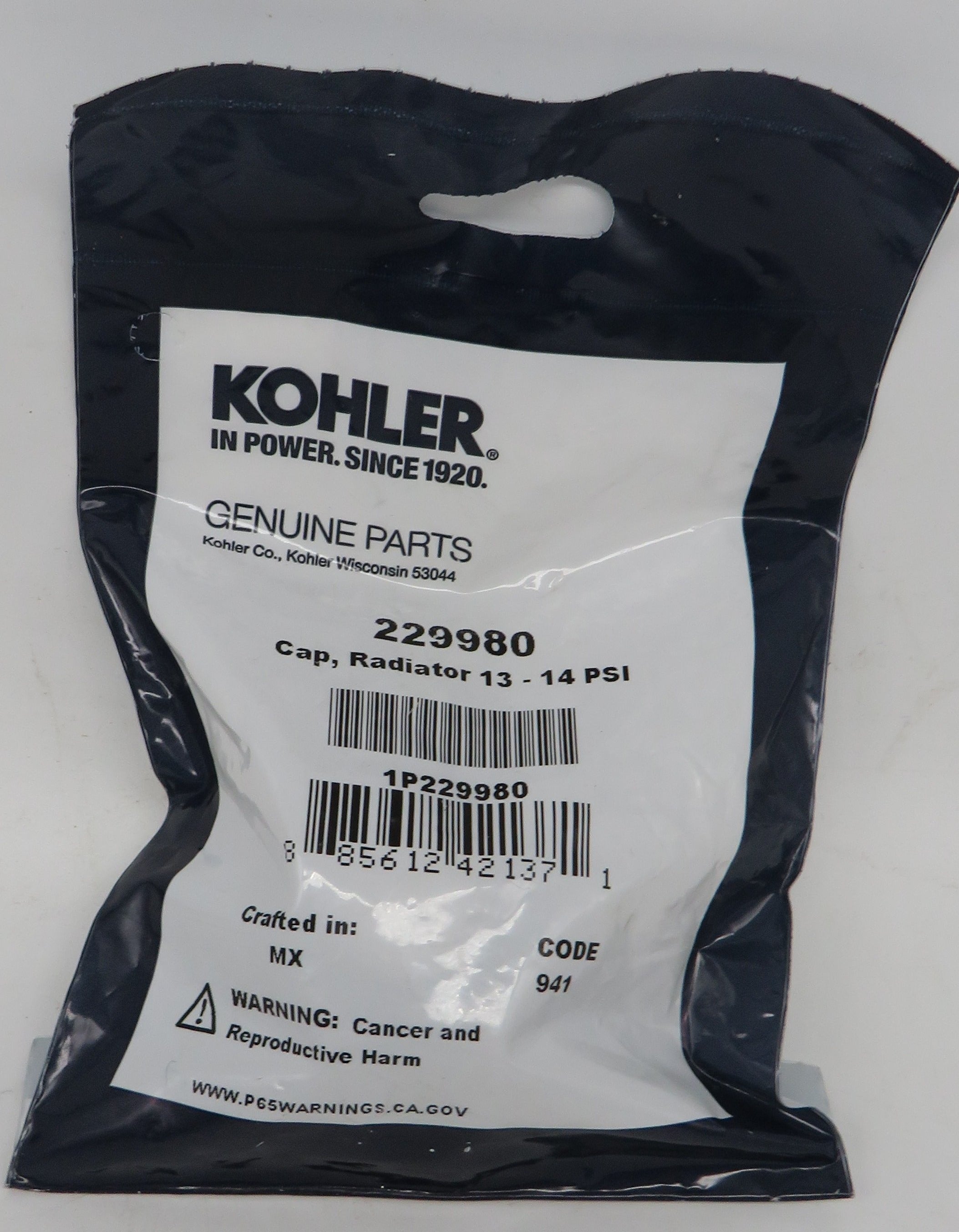 229980 Kohler Radiator Cap 13-14 Psi for Kohler 5E, 7.3E 5/13/2024 THIS PART IS IN STOCK 5/13/2024