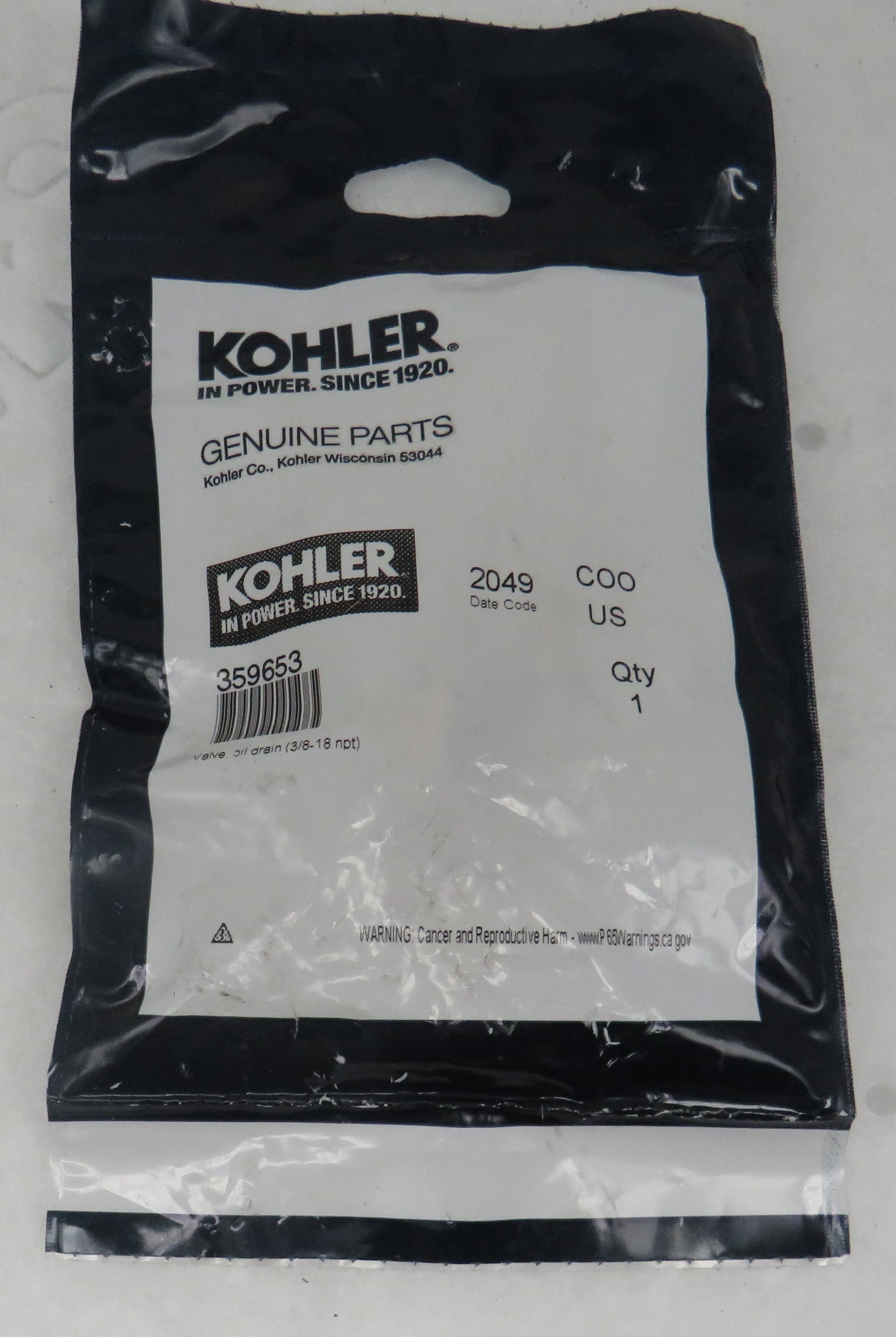 Kohler 359653 Valve, Oil Drain (3/8-18 npt)