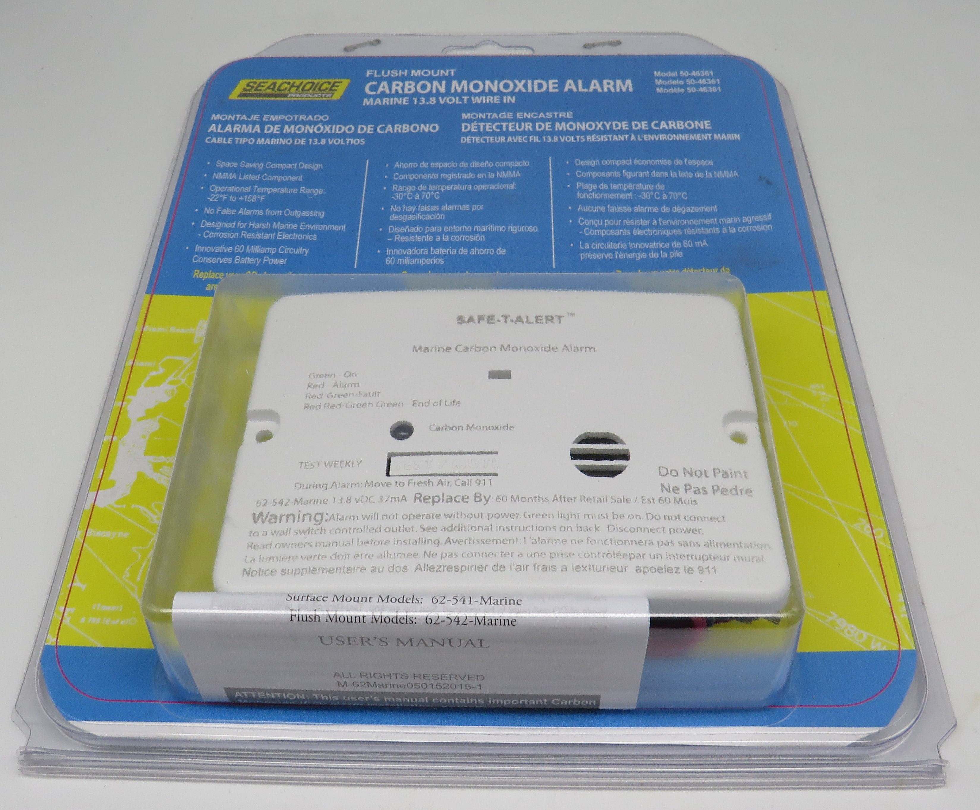 Seachoice Safety Alert Carbon Monoxide Alarm Marine 13.8 Volt Wire In Flush Mount Model 50-46361