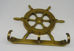 Nautical Brass Wheel With 3 Hooks in Brass Antique Finish