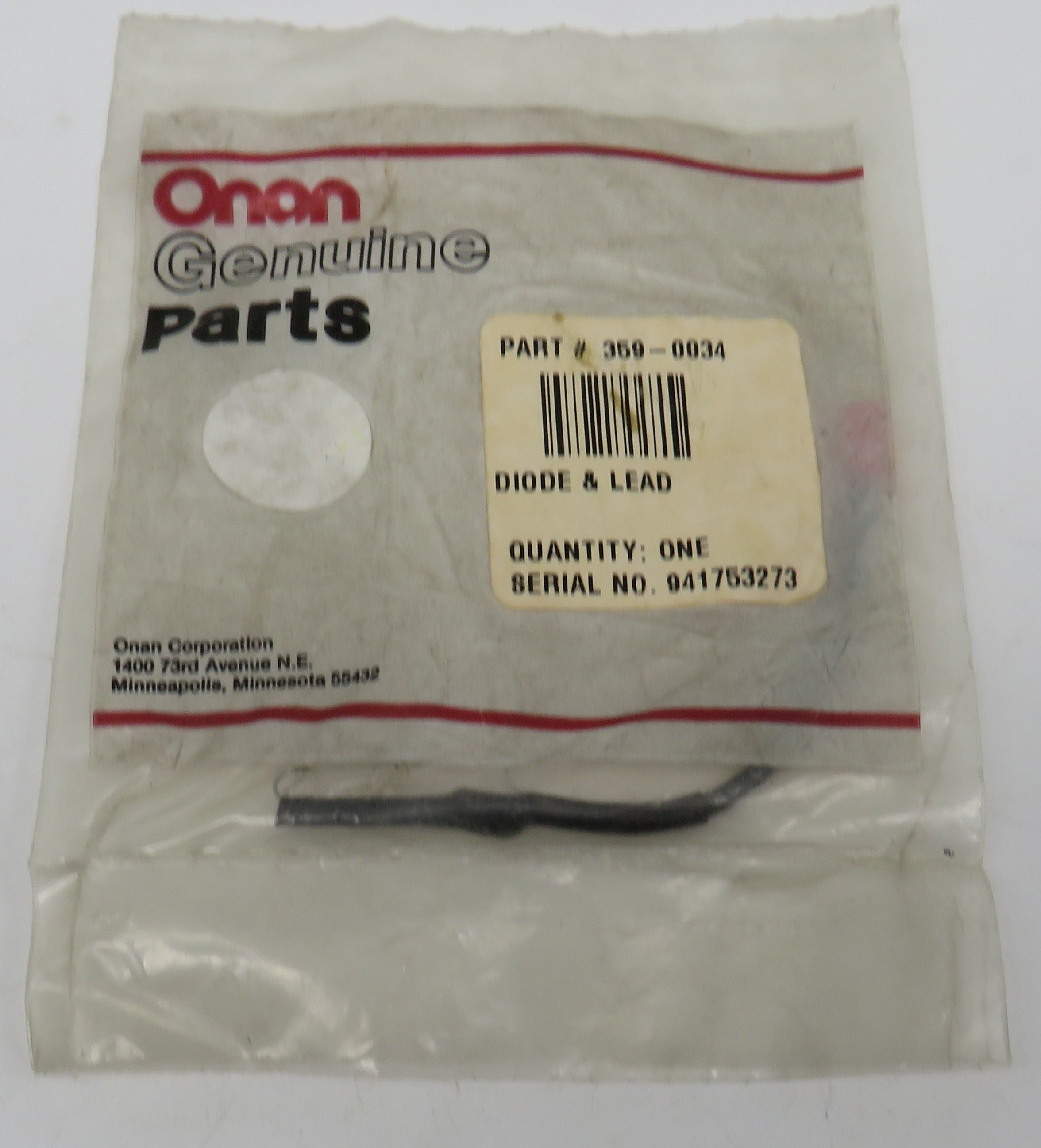 359-0034 Onan Diode & Lead for 3.0 & 4.0 BFA RV Genset OBSOLETE 