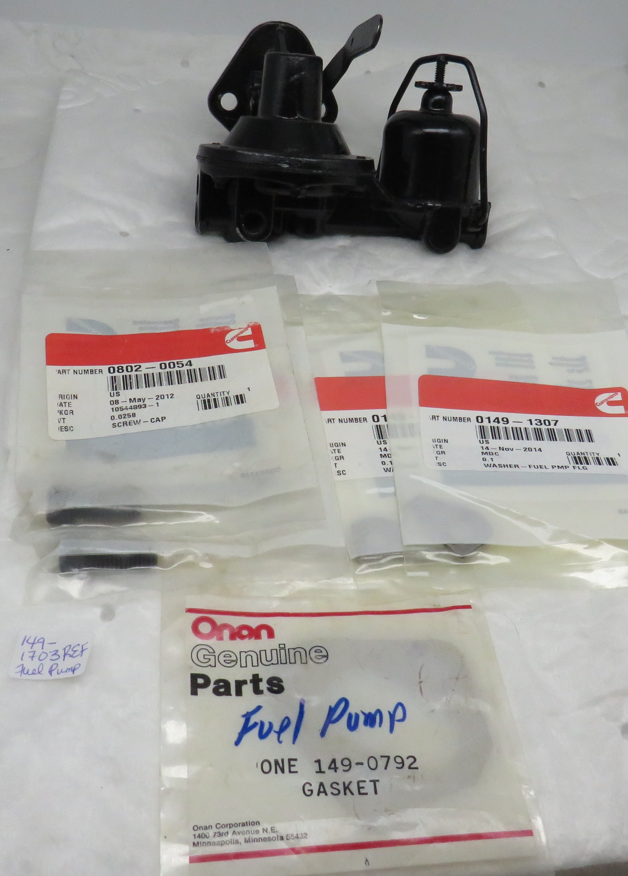 REFURBISHED Onan 149-1703 Fuel Pump Kit Includes 149-1038 Fuel Pump, 802-0054 (2) screw, 149-0792 (1) gasket, 149-1307(2) washer OBSOLETE Black Body 