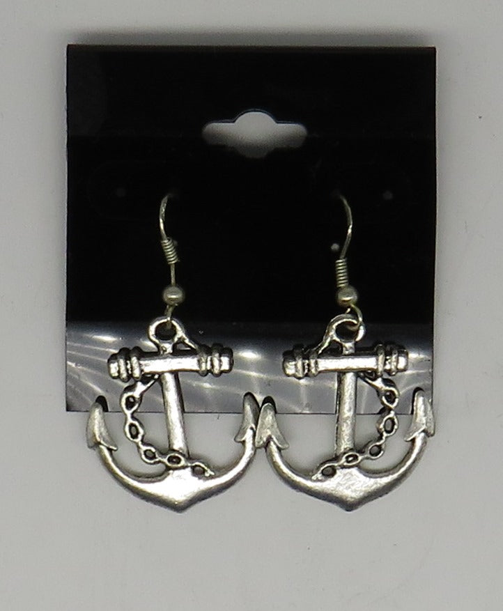 Silver Anchor & Chain Dangle Wire Earrings