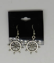 Silver Nautical Ships Wheel Dangle Pierced Earrings