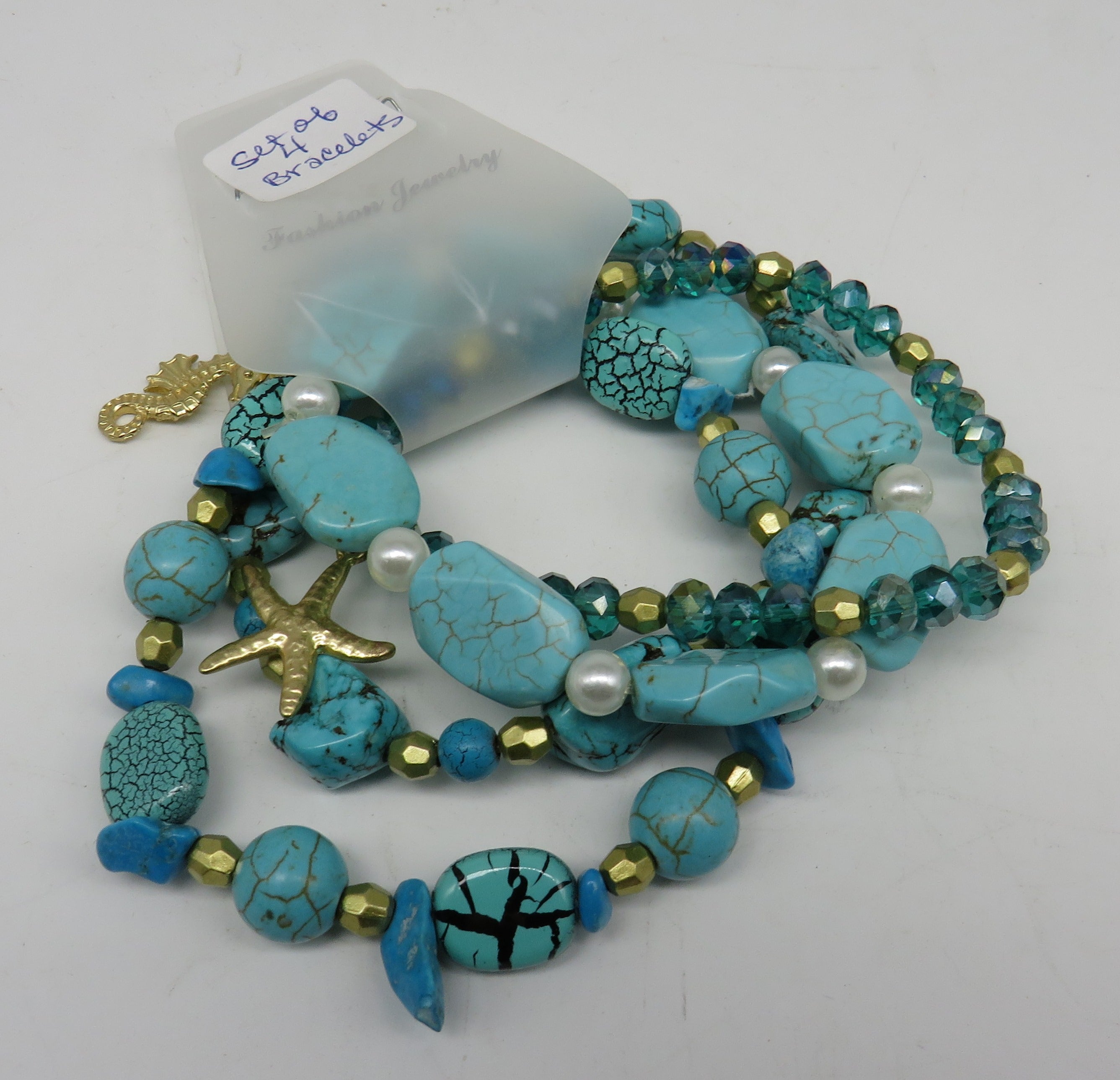Nautical Sealife Turquoise Beaded Bracelets (Set of 4)
