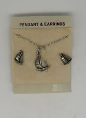 Vintage Silver/Pewter Nautical Petite Sailboat Pendant Necklace & Post Earring Set