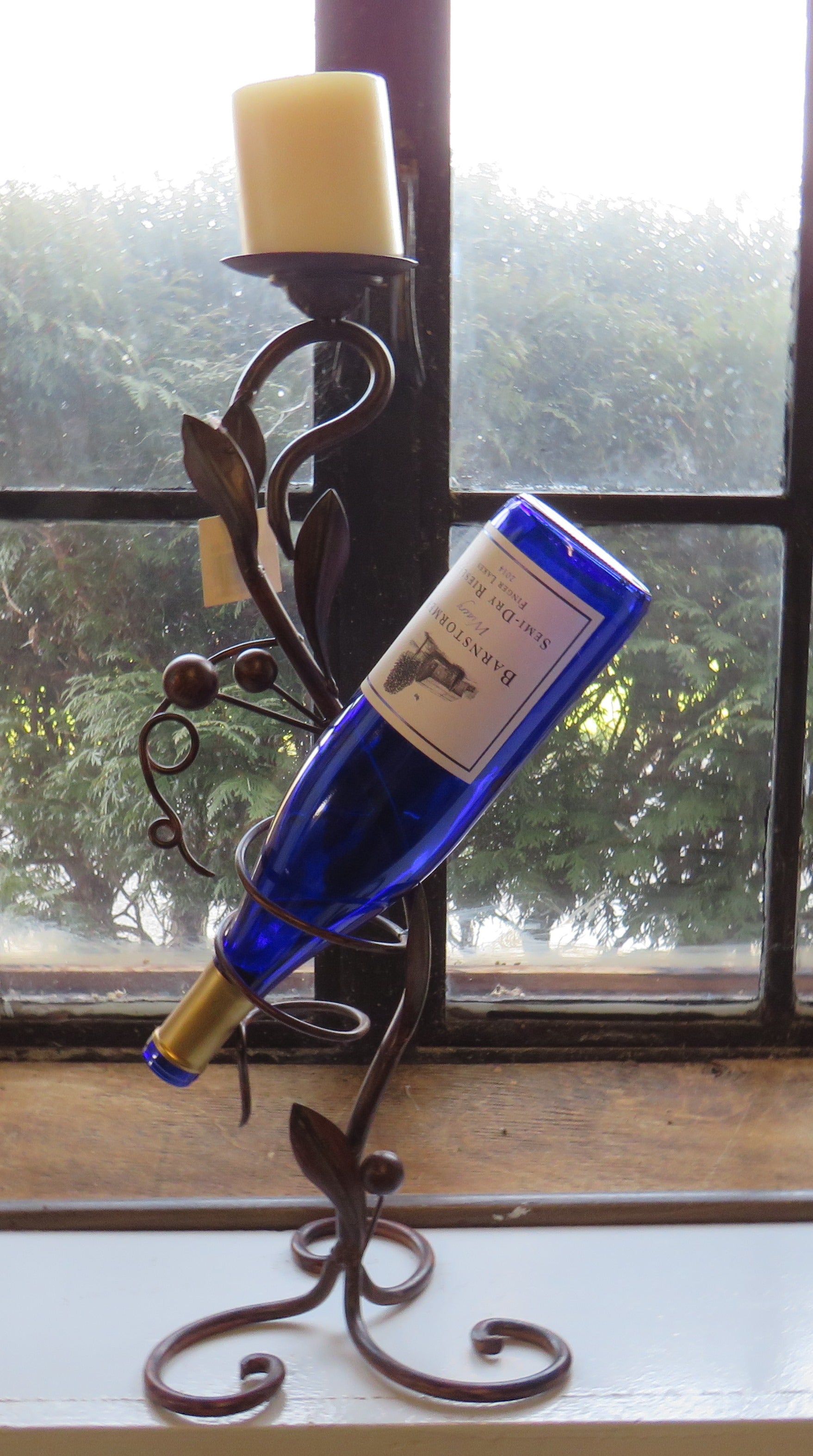 Metal Olive Branch Candle & Wine Bottle Holder